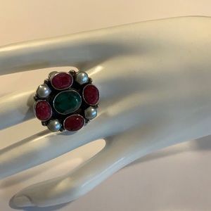 Rustic Cut Rube and Emerald Sterling Ring with Pearls.